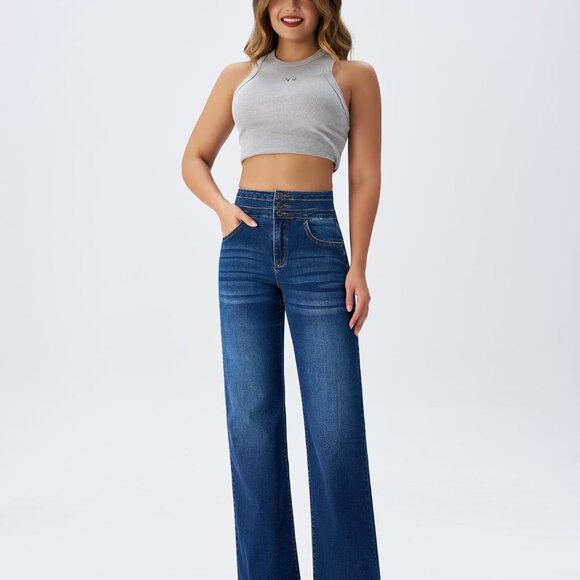 Chic Women's Baggy Wide Leg Jeans - Flattering High-Waisted Design in Medium - Picture 3 of 5